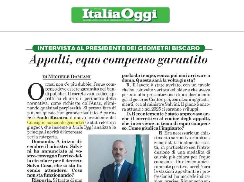 Italia Oggi intervista il presidente CNGeGL Paolo Biscaro